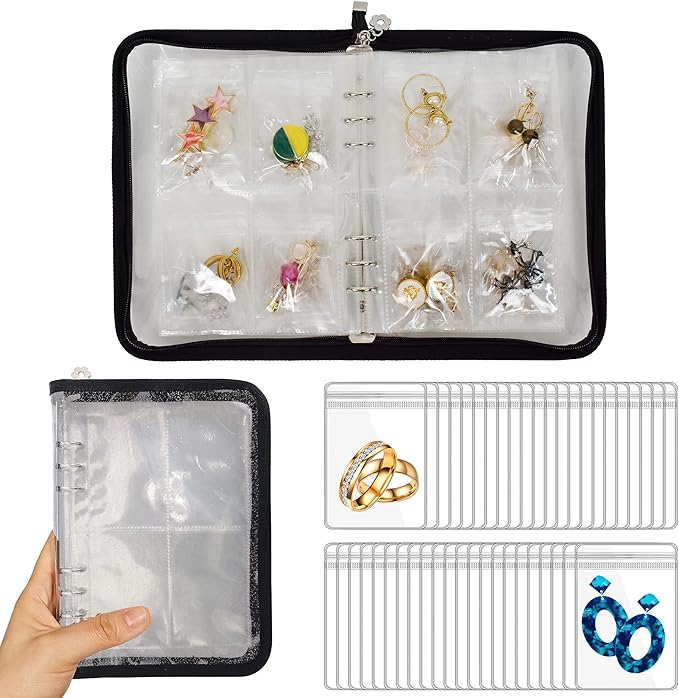 Earring Organizer Case Travel Jewelry Organizer Transparent Jewelry Storage Book for Necklace Bracelet Ring Holder with Small Clear Zippered Pouch