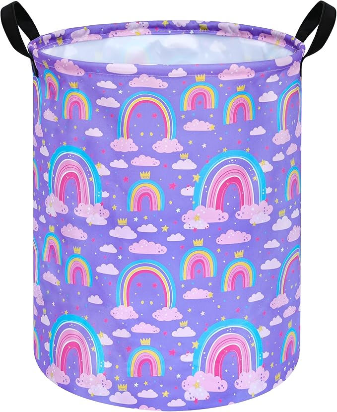 Collapsible Kids Laundry Basket Clothes Hamper, Foldable Storage Organizer Bin, Toy Clothes Storage with Handles for Boys Girls Bedroom, Room Decor Purple Rainbown