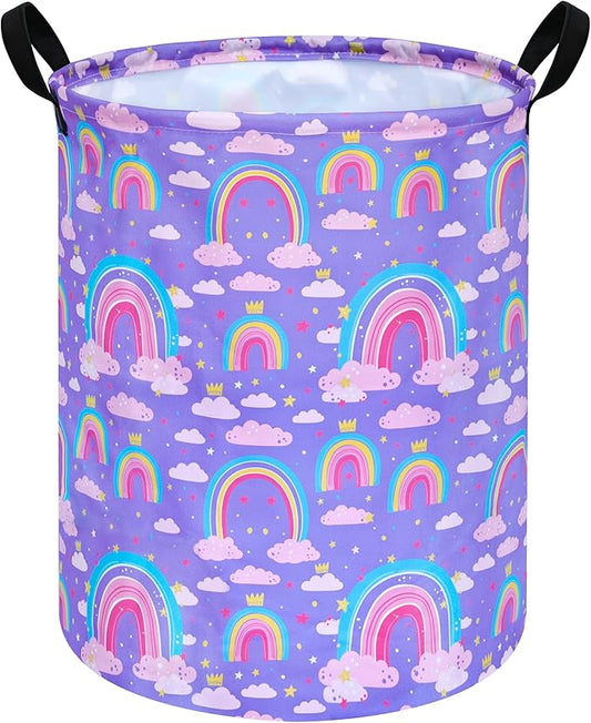 Collapsible Kids Laundry Basket Clothes Hamper, Foldable Storage Organizer Bin, Toy Clothes Storage with Handles for Boys Girls Bedroom, Room Decor Purple Rainbown