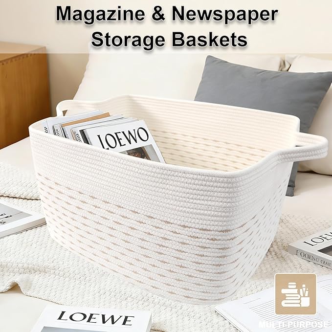 Large Blanket Basket,Woven Rope Basket Storage Bin with Handles,65L Rectangle Laundry Basket for Magazines,Toys,Clothes,Newspaper Shelf Organization,Nursery and Living Room,White&Yellow