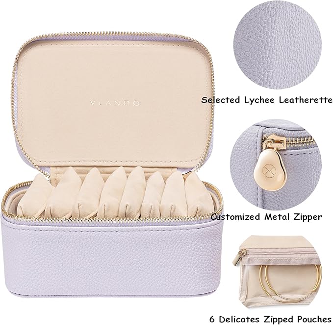 VLANDO Travel Jewelry Box Organizer – Portable PU Leather Jewelry Case with 6/8/12 Zippered Pouches, Compact Storage for Earrings Rings Necklaces Bracelets, Lilac Purple