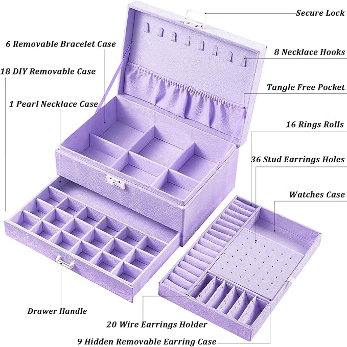 QBestry 3-Layer Jewelry Box for Girls & Teens with Lock and Key, Large Jewelry Organizer with 8 Necklace Hooks & 56 Earring Holes, Violet Velvet Jewelry Storage Box for Necklace Earring Ring Bracelet