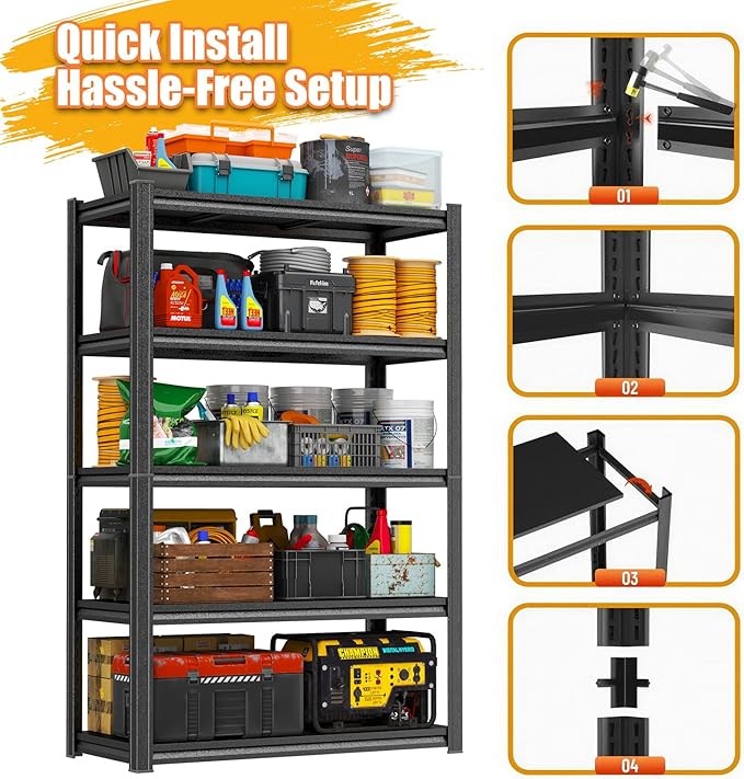 PRESTELION Garage Shelving 40" W Storage Shelves 3000LBS Heavy Duty Metal Shelving Unit 5 Tier Adjustable Shelf for Kitchen Warehouse Pantry Basement, Black (Black, 72" H x 40" W x 16" D, 5-Tier)