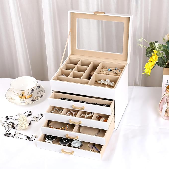 Kendal Jewelry Box, 5-Layer Jewelry Organizer Box with Glass Lid, Brass Gold and White, Heart Shaped PU Leather, Storage Box for Necklace Earrings Rings Bracelets, Gift Idea for Girls LJC4DRWH