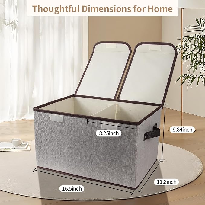 Foldable Fabric Storage Box with Double-Lid & Dividers, Large Organizer for Home, Closet, Office (Grey, 2 Packs)