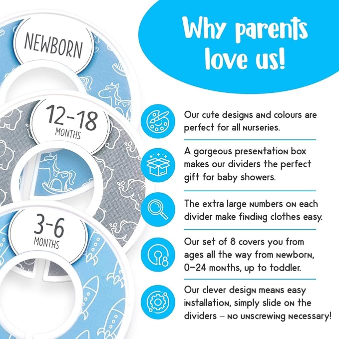 Eli with Love Baby Closet Dividers (Baby Blue) – Fits 1.5" Rod - Set of 8 Baby Clothes Organizers – Organize Nursery Hangers Size/Age