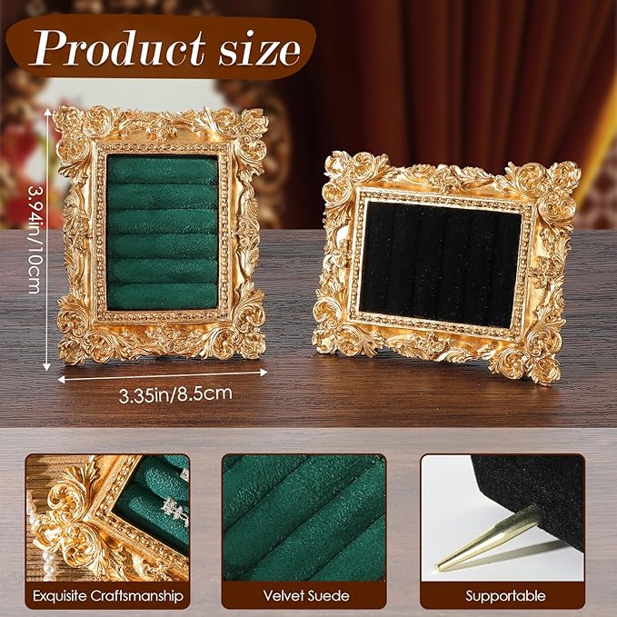 Vintage Ring Holder Rectangle Gold Velvet Display Stand - Baroque Jewelry Organizer Box Tray for Wedding Engagement Anniversary Women Birthday Christmas Gift Photograph Prop (MPF05-Gold Green)