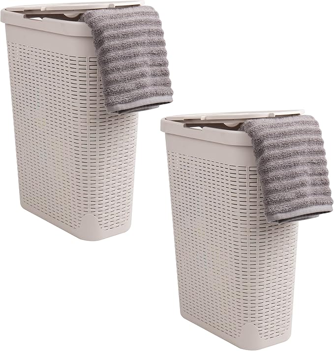 Mind Reader Slim Laundry Hamper with Lid, 40L Clothes Basket, Narrow Tapered Design with Ventilated Cutout Pattern, Plastic, Set of 2, Ivory
