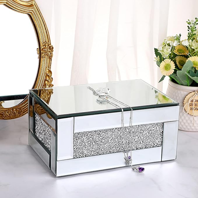 Hipiwe Glass Mirrored Jewelry Box with Crushed Diamond Decor, Trinket Organizer Box Luxury Rings Earrings Necklace Storage Keepsake Box Treasure Chest Case, Silver Large Size