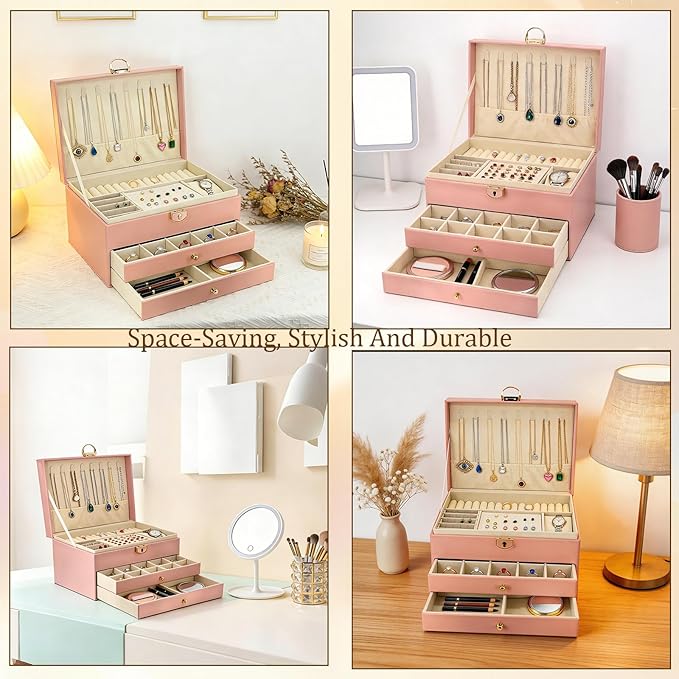 SRTCYDA Jewelry Box for Women, Large PU Leather jewelry organizers and storage, 3-Layer Jewelry Storage with 2 Drawers, Space-Saving Design for Vanity, Holds All Types of Jewelry (Pink)