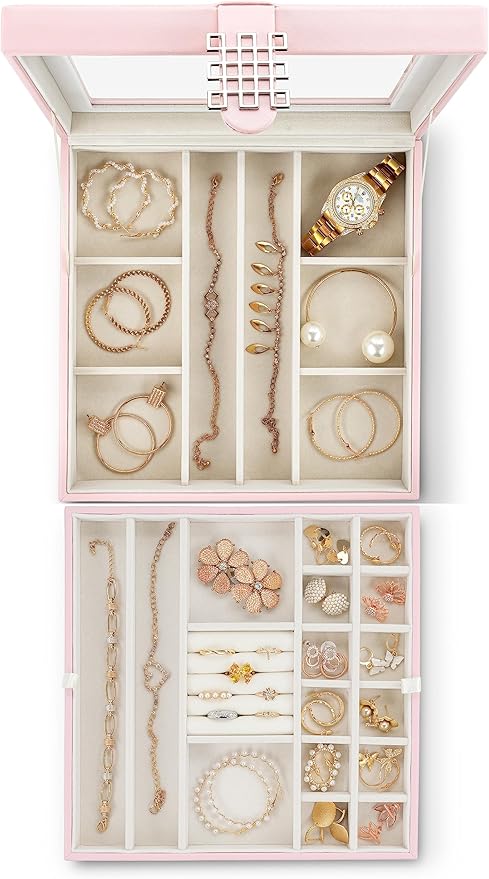 Glenor Co 28 Section Jewelry Box - 2 Layer & Buckle Magnet Closure - Large Glass Top - Leather Design - Soft Pink - Jewelry Organizer for Women & Girls - for Earring Ring Necklace & Bracelet