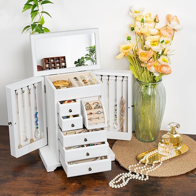 Jewelry Box for Women, Rustic Wooden Jewelry Boxes & Organizers with Mirror & Drawers,6 Layer Jewelry Organizer Box for Rings Earrings Necklaces Bracelets ((Weathered White)