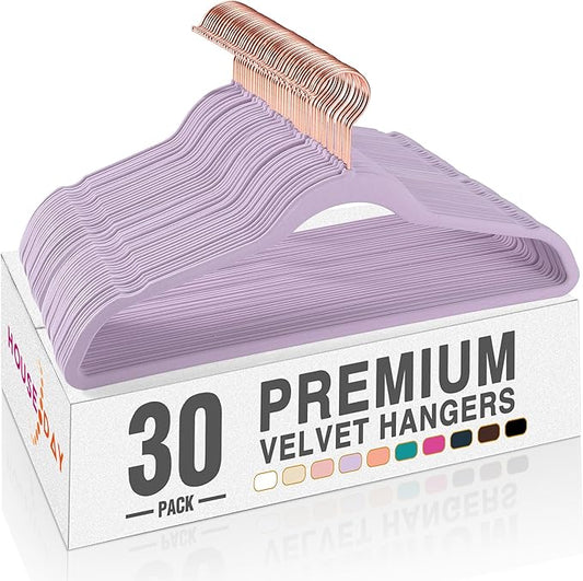 HOUSE DAY Velvet Hangers 30 Pack, Premium Non-Slip Felt Hangers, Sturdy Lt-Purple Clothes Hanger Heavy Duty, Space Saving Durable Suit Coat Hanger, 360° Rotating Rose Gold Hook