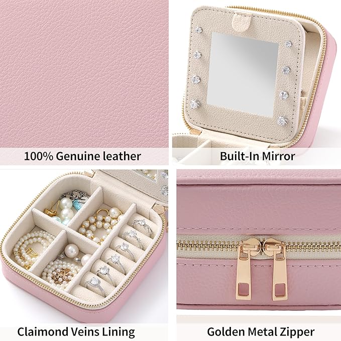Genuine Leather Travel Jewelry Organizer Case with Mirror for Women, Small Mini Portable Jewelry Box for Ring Earrings Necklace Bracelet Luxury Gift for Women（Brown）