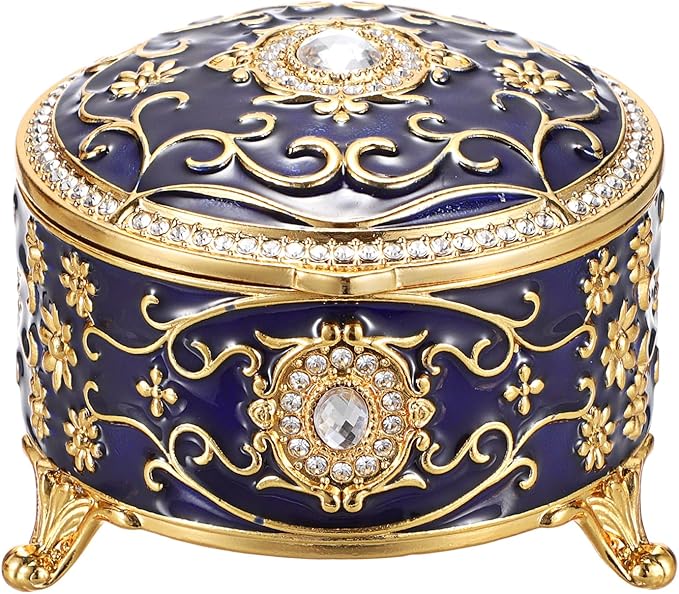 Hipiwe Vintage Jewelry Box Round Metal Treasure Chest Box Enameled Jewelry Trinket Box for Ring Earrings Necklace,Sparkling Keepsake Box Gift for Birthday Christmas,Blue