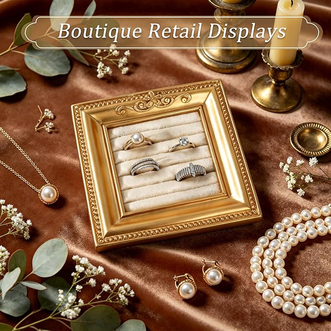 Vintage Ring Holder Rectangle Gold Velvet Display Stand - Baroque Jewelry Organizer Box Tray for Wedding Engagement Anniversary Women Birthday Christmas Gift Photograph Prop (MPF05-Gold Beige)