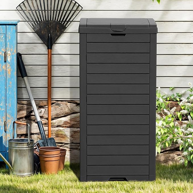 DWVO 38 Gallon Large Outdoor Trash Can, 2-Pack Waterproof Resin Hideaway Garbage Bin with Lid and Drip Tray, Outside Trash Bin for Porch, Backyard, Deck, Patio, Poolside, Easy to Clean, Black
