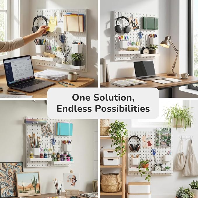 Keepo Peg Board Wall Organizer – Plastic Pegboard Panels, Modular Peg Board Storage System for Home Office, Craft Room, Gaming Setup (White, 22″×22″)