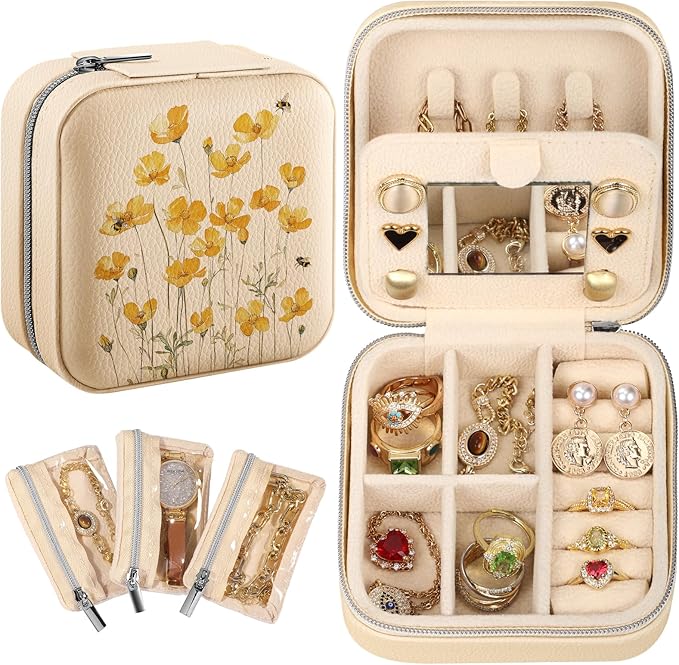 Bistup Travel Jewelry Case - Small Jewelry Organizers and Storage Box for Women Girls Teens Cute Traveling Jewelry Holder with Mirror Little Tiny Compact Yellow Flower Pretty Modern Unique Aesthetic