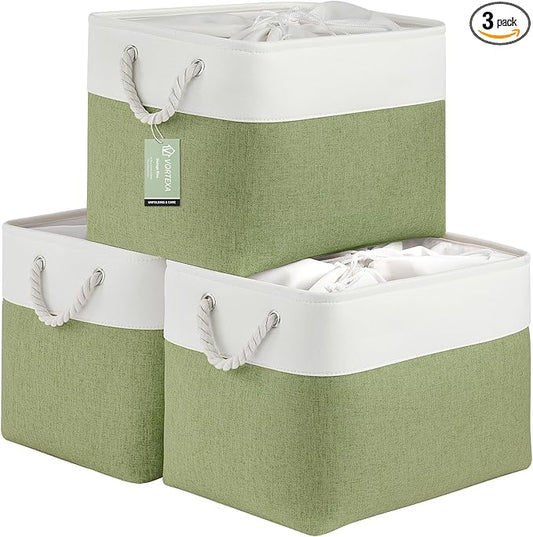 Large Storage Baskets- 16x12x12 inch Storage Bins for Shelves and Closet Organizing, Foldable Fabric Bin for Home Organization Clothes and Laundry (3-Pack, White&Green)