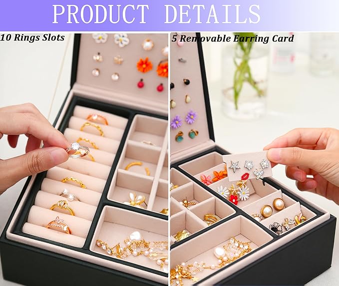 Earrings Jewelry Box for Girls, Large Capacity Jewelry Organizer with 40-Pair Earring Board, 2-Layer Leather Jewelry Storage Box for Necklaces Rings Bracelets with Removable Tray(Gift Idea),Black