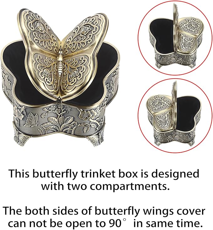 Hipiwe Vintage Metal Jewelry Trinket Box - Butterfly Shape Jewelry Organizer Treasure Chest Ring Holder Earrings Necklace Storage Box Keepsake Box,Brozne,Medium