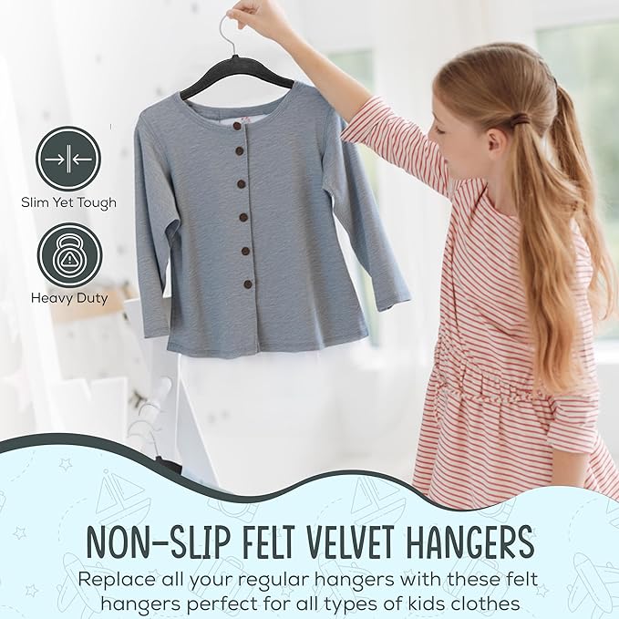 TechZoo 25 Premium Kids Velvet Hangers - 14" Non-Slip Clothes Hangers for Kids & Preteens - Ultra Slim, Space-Saving, Strong & Durable Hangers with 360° Swivel Hook - Black