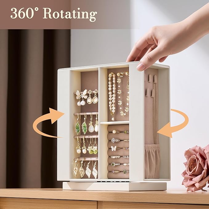 Jewelry Box Organizer for Women: 360 Rotating Vertical Storage Case, Ivory Leather with Pink Velvet, Ring Necklace Bracelet Holder, Gift Decor, 10 x 8.7 x 3.9 in
