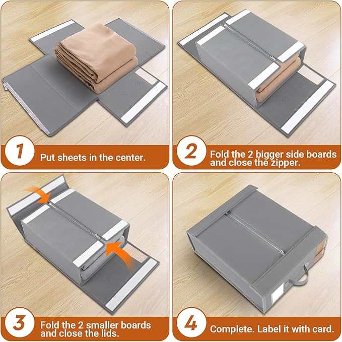 StorageTastic 4 Pack Bed Sheet Closet Organizers and Storage,Sturdy Foldable Storage Containers with Window and Label,Storage and Organization for Bedding Sheets,Duvet Covers,Blankets (Grey)