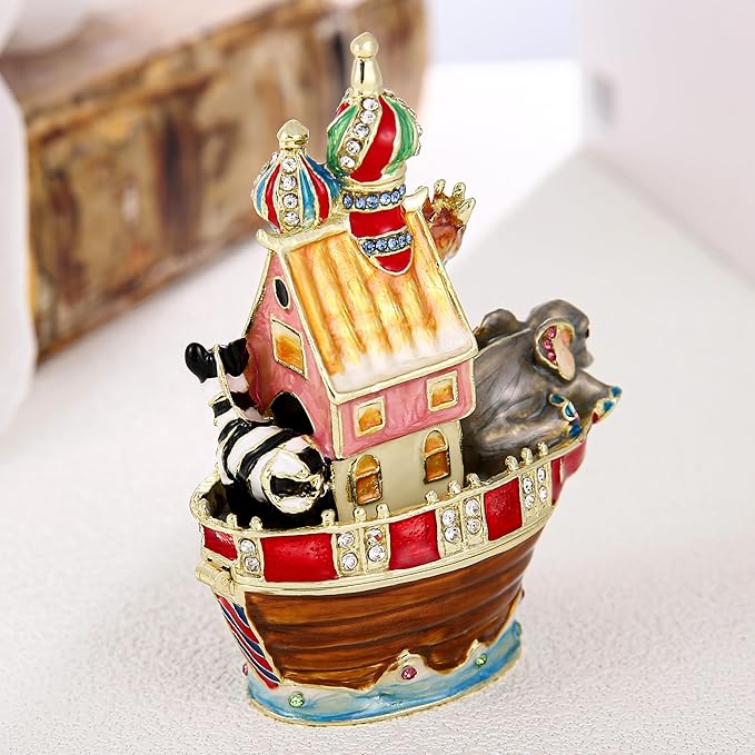 Hand Painted Animal Trinket Box for Home Decor, Hinged Jewelry Organizer Storage, Unique Personalized Collectible Keepsake Figurine Handmade Decorative Ornament Gifts (Noah's Ark)