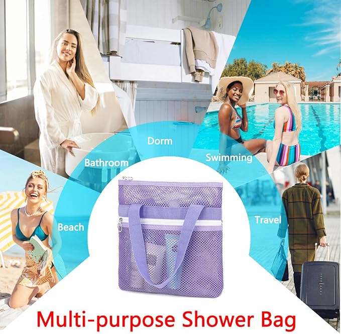 Fammart Mesh Shower Caddy Portable with Zipper & 2 Pockets - Quick Dry Shower Caddy Hanging for Travel Gym Camp Beach - Organizer Bag Bathroom Essentials for College Dorm