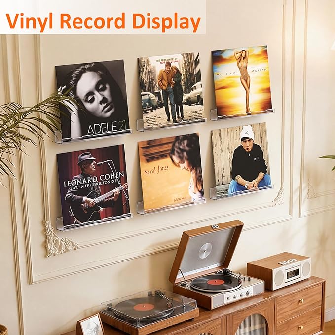 Optish 6 Pack Vinyl Wall Mount Shelf, 12" Vinyl Record Holder, Clear Record Shelf Display and Storage, Acrylic Shelves for Wall, Nursery, Living Room, Bedroom