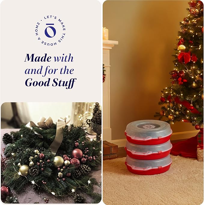 HOMZ 3-Pack 24 Inch Seasonal Holiday Clear Plastic Wreath Storage Containers, Red – Stackable Decoration Organizer Bins with Lids and Handles for Christmas Wreaths and Garlands