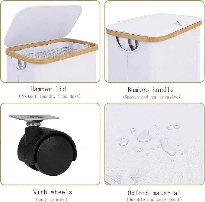 Laundry Basket with Wheels, 75L Clothes Hamper for Laundry, Laundry Hamper with Lid and Inner Bag, for Laundry Room, Bedroom, Dormitory Storage,White