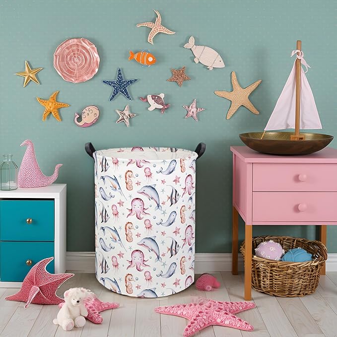 HIYAGON Baby Laundry Basket Baby Hamper for Nursery Girl Kids Ocean Hamper Cute Kids Toys Storage Bin Organizer Pink Room Decor for Home(Pink Ocean)