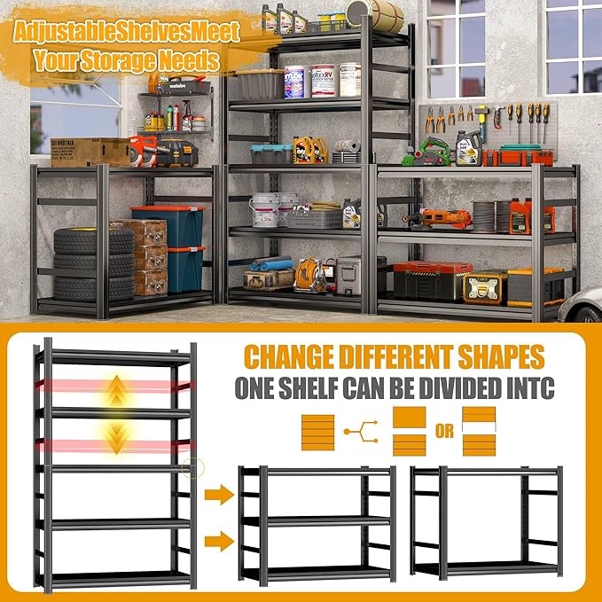 Garage Shelves,14-48''W Heavy-Duty Storage Shelves, Double-Layer Uprights, Thickened Shelves, Waterproof &Rustproof, Suitable for Indoor & Outdoor Use. (Black, 6TIER 40W*16D*82H, 6-Tier)