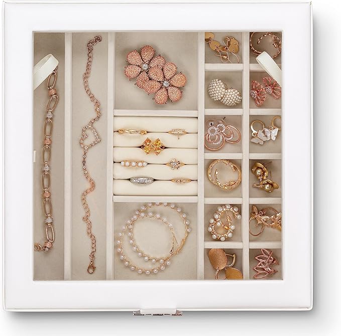 Glenor Co 28 Section Jewelry Box - 2 Layer - Buckle Snap & Magnet Closure - Large Glass Top - Leather Design - White - Jewelry Organizer for Women & Girls - for Earring Ring Necklace & Bracelet