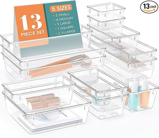 StorMiracle 13 PCS Drawer Organizer Set, 5 Varied Size Bathroom and kitchen Drawer cabinet organizer Trays, Clear Storage Bins for Makeup, Jewelry, Utensils and Gadgets