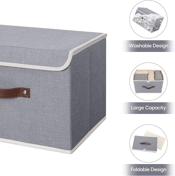 ANMINY 4PCS Storage Bin with Lid Storage Boxes with PU Leather Handles PP Plastic Board Decorative Foldable Lidded Cotton Linen Fabric Home Cubes Baskets Closet Organizer Container - Gray, Medium