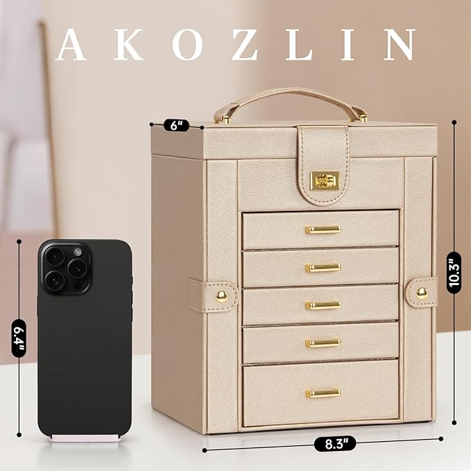 AKOZLIN 6-Tier Jewelry Box Organizer Functional Leather Jewelry Storage Case for Women Girls Ring Necklace Earring Bracelet Holder Organizer with Mirror