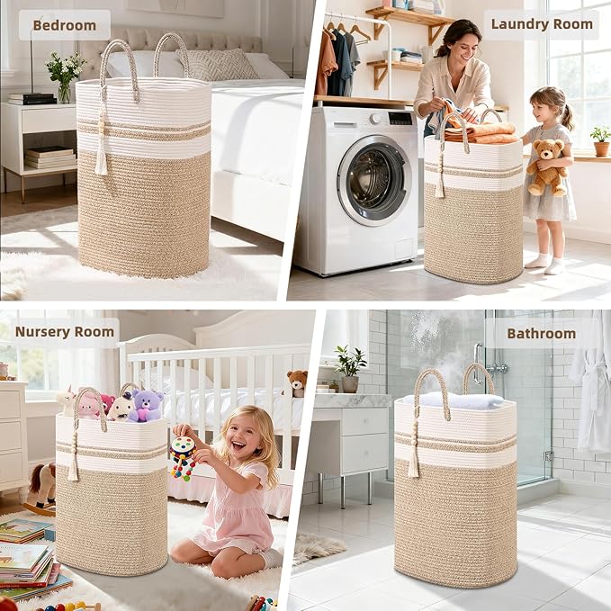 Woven Laundry Basket for Clothes, 65L Large Rectangle Laundry Hampers, Nursery Storage Basket for Toys, Tall Dirty Clothes Hamper for Bedroom Aesthetic, Bathroom, Laundry Room