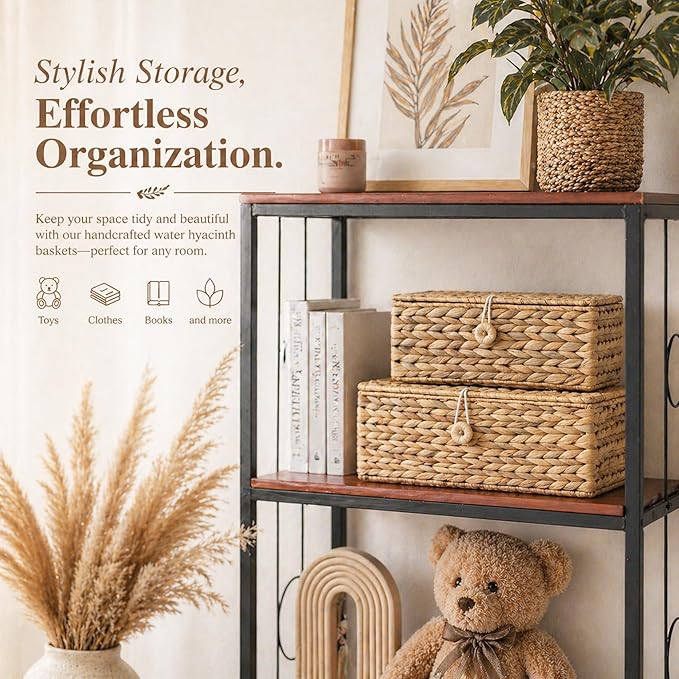 LUSYDECO Set of 2 Rectangular Wicker Storage Bins with Lid, Rattan Basket Decorative Boxes, Multipurpose Organizer Display Boxes for Shelf Organizer, Boho Rattan Box for Home Decoration
