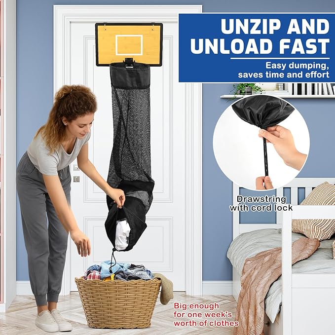 Wooden Basketball Laundry Hamper, Over the Door Hanging Basketball Hoop Laundry Basket with Drawstring, Space Saving Dirty Clothes Solution for Kids Room, Dorm Rooms, Bathroom