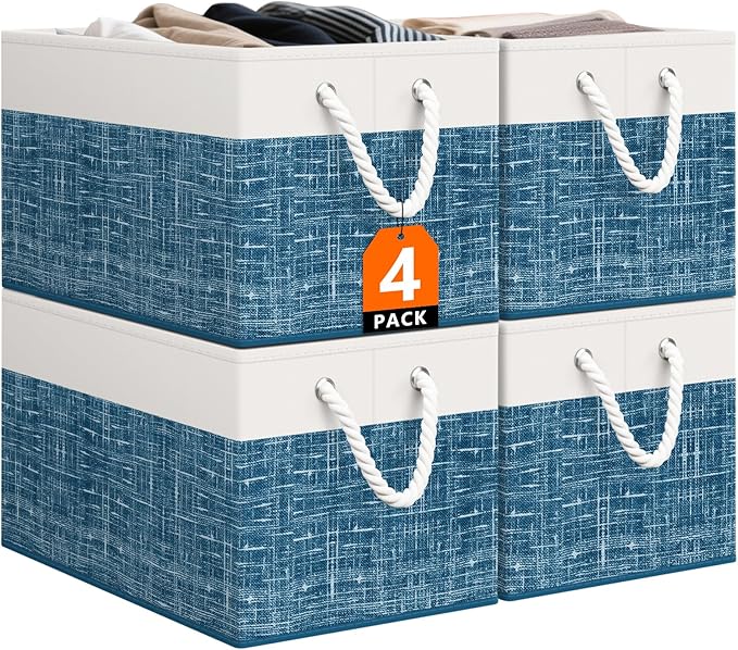 StorageTastic Storage Bin,Collapsible Storage Basket For Organizing,Large Storage Boxes With Rope Handles,Storage Containers,White & Blue,4 Pack