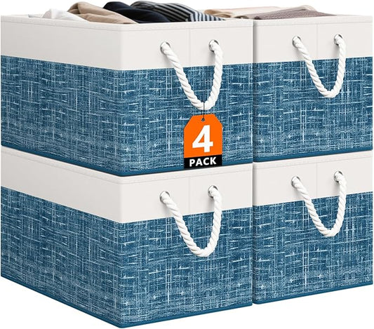 StorageTastic Storage Bin,Collapsible Storage Basket For Organizing,Large Storage Boxes With Rope Handles,Storage Containers,White & Blue,4 Pack