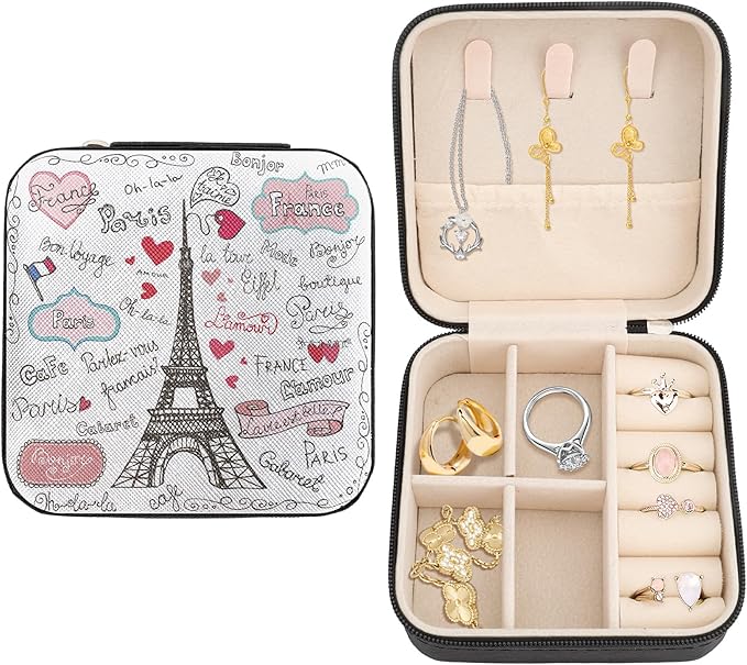 Paris Eiffel Tower Mini Jewelry Box Small Traveling Jewelry Case for Women Girls Jewellery Storage Box Portable Storage Organizer for Earring Ring Necklace Birthday Christmas Wedding Gift