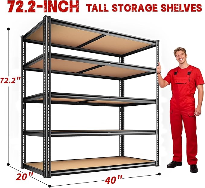 ROOMFAVE 40" W Garage Shelving 2300LBS Storage Shelves Adjustable Metal Shelving 5 Tier Garage Utility Rack Shelf for Warehouse, Pantry, Closet, Kitchen 72.2" H x 40" W x 20" D, Black,Gift