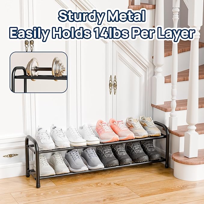 ENJOYBASICS 2 Tier Expandable Shoe Rack for Closet, Free Standing Metal Shoe Shelf Storage Organizer Holder 8 Pairs, Adjustable Width Shoe Rack for Entryway Small Space, Black