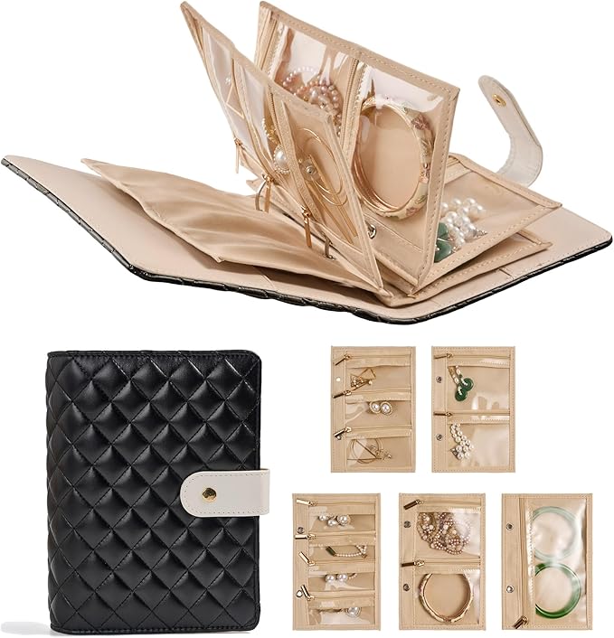 Travel Jewelry Ponch Storage Book Binder - Jewelry Binder Organizer Boxes PU Leather Case with Zipper Velvet Pouches for Rings & Necklaces - Black