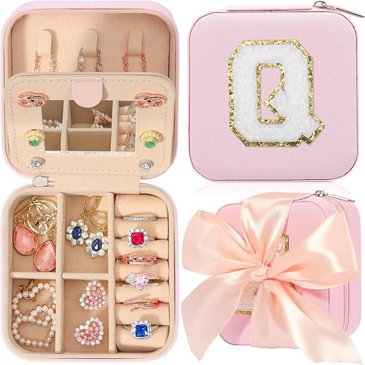 CHMI Pink Travel Jewelry Box, Organizer - Women's & Girls' Gifts for Birthdays, Christmas - Initial Q